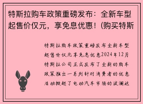 特斯拉购车政策重磅发布：全新车型起售价仅元，享免息优惠！(购买特斯拉优惠)