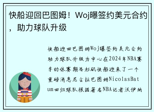 快船迎回巴图姆！Woj曝签约美元合约，助力球队升级