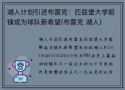 湖人计划引进布雷克：匹兹堡大学前锋成为球队新希望(布雷克 湖人)