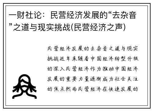 一财社论：民营经济发展的“去杂音”之道与现实挑战(民营经济之声)